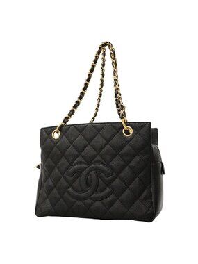 Chanel Shoulder Bag Quilted Caviar Leather Black Gold